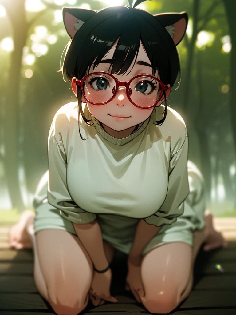 (Sumilux f1.4 75mm , low Latitude old color negative film , cross process , bokeh, flare, chromatic aberration , soft focus, (Shallow focus) , soft glow , Maximum aperture, High Key , Transparent depiction) , anime female raccoon dog , kawaii butter face , two apart melons , (lotion on Thick-rimmed glasses) , in the foggy forest , (clothed erotica) , Kneeling , (looking up to the sky) , doggy style , A sloppy look , two Ripe Melons is hanging down