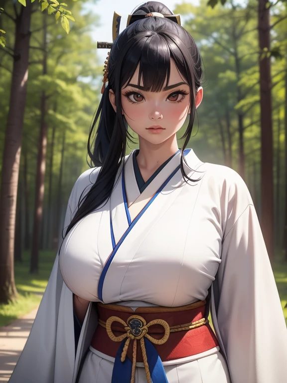 {{{masterpiece}}}, {{{best quality}}}, {{ultra-detailed}}, {cinematic lighting}, {illustration}, {beautifuly detailed eyes}, {1girl}, extremely detailed, 1girl, solo, A beautiful samurai warrior, blue hair in a long ponytail, wearing white and black kimono, warrior, serious, brown eyes, huge breasts, hourglass figure, facing viewer, outdoors, woodland background, highly detailed face and clothing, slightly narrow eyes, perfect face, fair skin, hair bangs, long hair, cowboy shot, noble beautiful, traditional Japanese clothing, samurai woman
