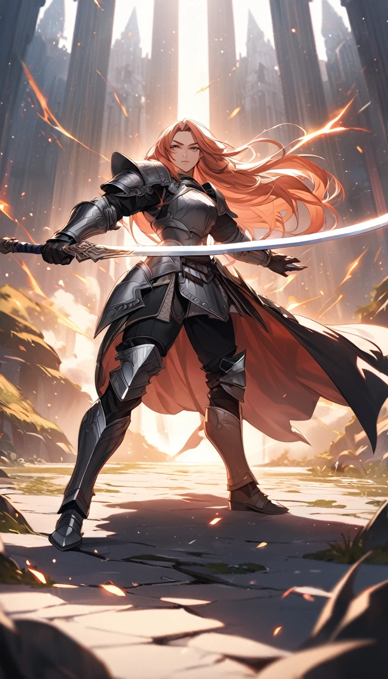 anime fantasy art style, a warrior with long hair, wearing stylish armor complete with black metal plates with white details, wielding two magic swords, the warrior positions himself to fight. Detailed design, high quality, dynamic light, cinematic BG