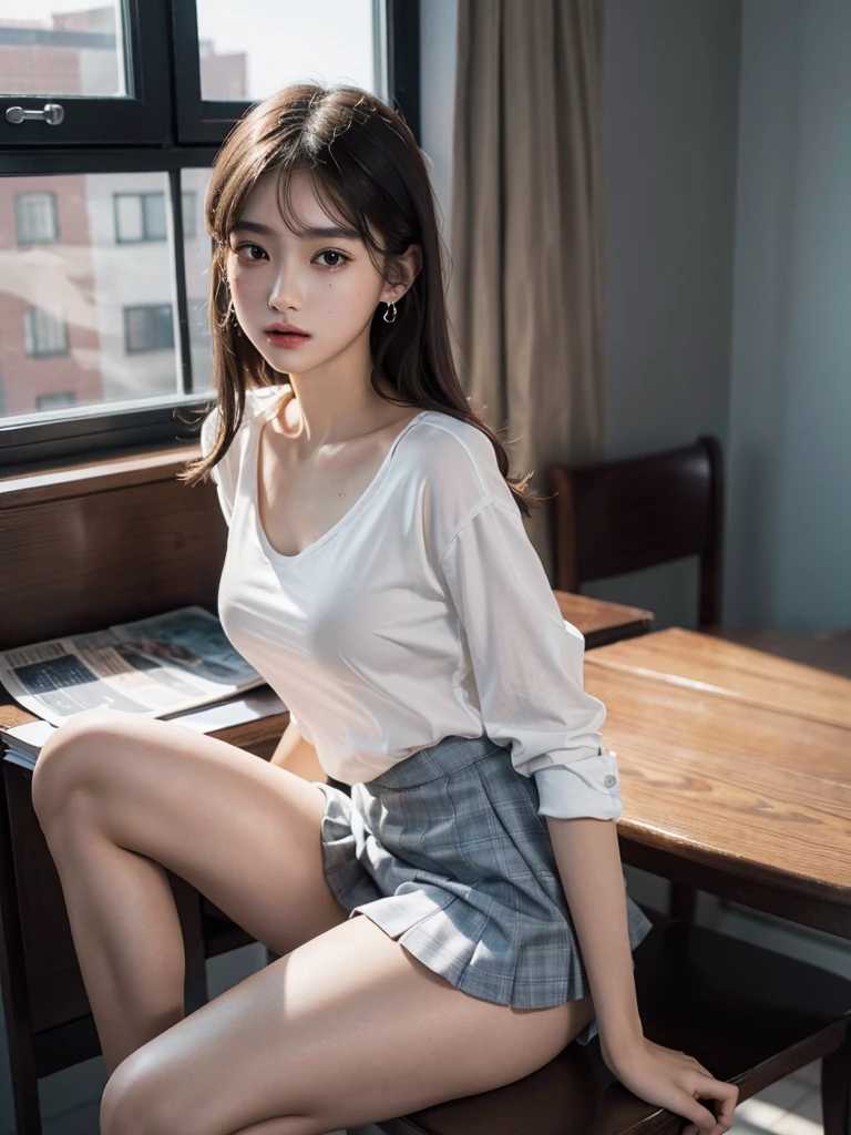 absurdres, RAW photo, extremely delicate and beautiful, masterpiece, Best Quality, ultra high resolution, 32k, hyperrealistic, ultra-detailed, perfect anatomy, super Detailed skin, perfect figure, Super Beauty, Perfect Style, Perfect balance, 20 years old, very Slim body, narrow waist, very small head, very small face, delicate facial features, detailed face, detailed eyes, tearful mole, earring, very huge round breasts, legs, medium hair, full body shot, indoor, ((school_uniform)),