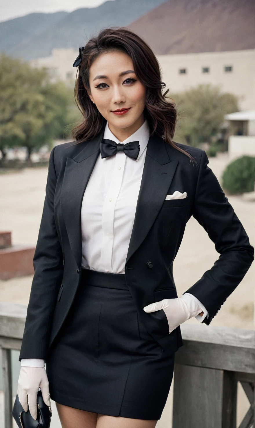 a beautiful picture of fukuharaXL ,woman,detailed skin texture,masterpiece, photorealistic, light, RAW color photo,(fully in frame:1.1), (blush:0.5), (goosebumps:0.5),(((black silk skirt suit))), (((three-piece suit))), (((tuxedo))), (((dress shirt))), (((black bowtie))), (((black blazer))), (((dinner jacket))), (((waistcoat))), double-breasted waistcoat, (((bodycon miniskirt))), pocket square, cufflinks, white gloves,detailed face,outdoors, (smile:0.5), film grain,cinematic lightning,fujifilm ,detailed eyes,camera, smile, office background, hair down, makeup, lipstick, mascara, eyeliner, eyeshadow, silky glossy hair, high heels, pinup pose, slender figure, cummerbund