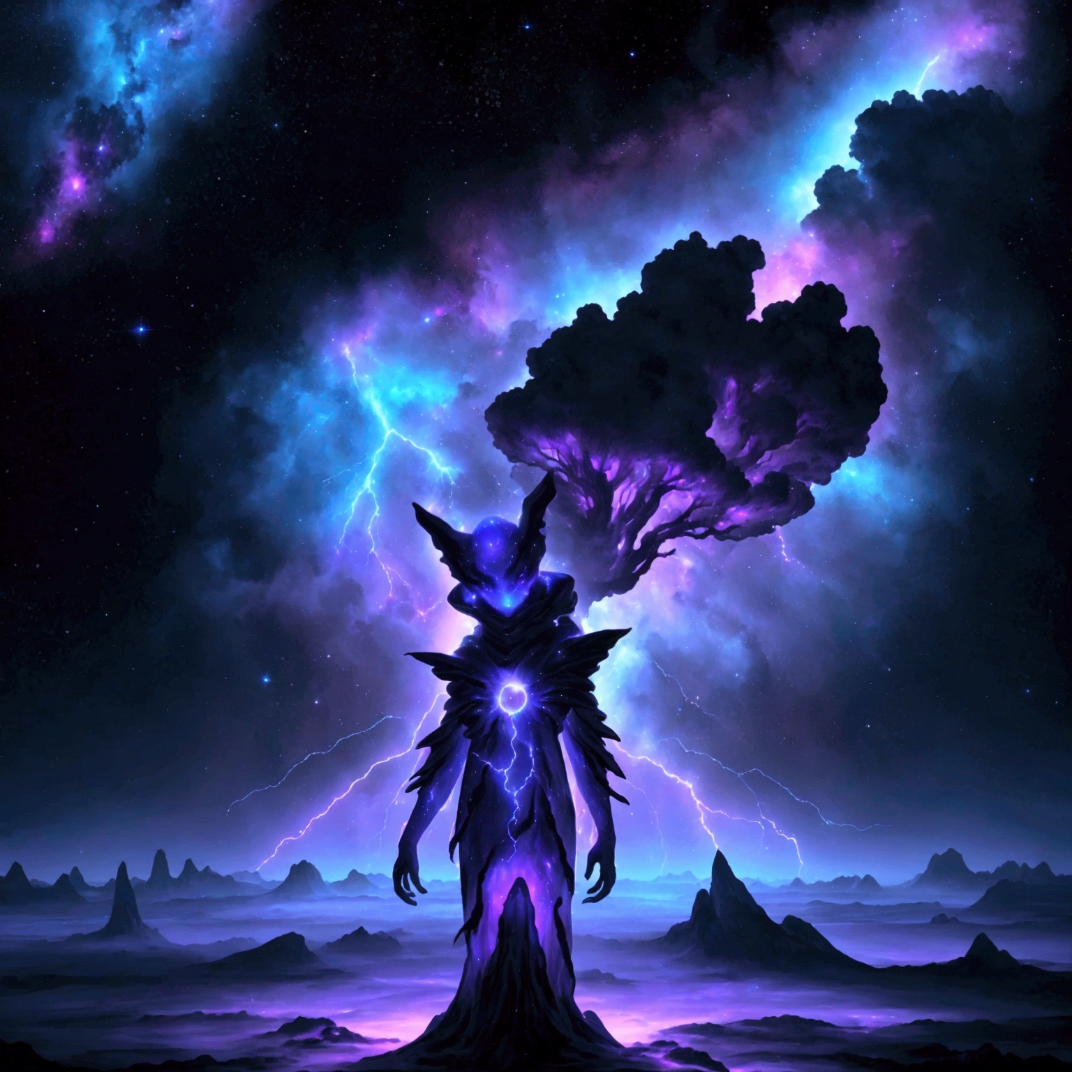 In the vast expanse of the cosmos, a nebula-shaped creature emerges before the serene surface of a distant planet. The creature's ethereal form undulates with an iridescent glow, as if infused with the essence of stardust. Amidst the swirling vortex of blue and purple hues, lightning bolts crackle through the darkness, casting an otherworldly ambiance upon the celestial scene.