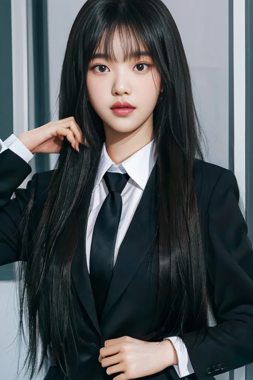 There is a woman in a black suit and tie posing for a photo with black eyes, portrait of jossi de blackpink, jinyoung shin, jaeyeon nam, korean idol woman portrait, ulzzang, Hwang SE - EN, bae suzy, heonhwa choe, Lee Ji Eun, lee ji-eun, sun yunjoo, jossi de blackpink