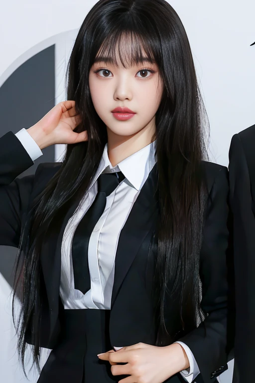 There is a woman in a black suit and tie posing for a photo with black eyes, portrait of jossi de blackpink, jinyoung shin, jaeyeon nam, korean idol woman portrait, ulzzang, Hwang SE - EN, bae suzy, heonhwa choe, Lee Ji Eun, lee ji-eun, sun yunjoo, jossi de blackpink