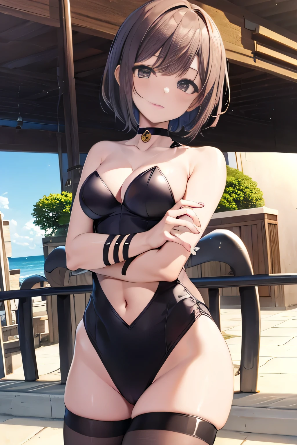 Hokusaitest, Hokusai, short hair, bangs, (Purple eyes:1.1), Black Hair, hair ornaments, Purple Hair, flower, hair flower, hairpin,
break bare shoulders, clavicle, leotard, Strapless, Covered navel, wariza, Pale skin, black leotard, Tentacles, highleg leotard, Strapless leotard,
break outdoors, Beach,
break looking at viewer, break (masterpiece:1.2), Highest quality, High resolution, unity 8k wallpaper, (figure:0.8), (Beautiful attention to detail:1.6), Highly detailed face, Perfect lighting, Highly detailed CG, (Perfect hands, Perfect Anatomy),