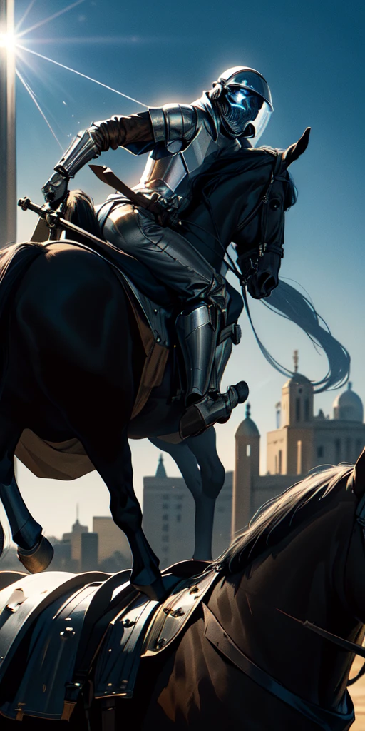 Medieval knight wearing an astronaut helmet, holding a lightsaber in his right hand, riding a black horse in the middle of the city on a clear day. Sun shines in the background. Sparks in the knight. Burst of light in the horse's eyes.