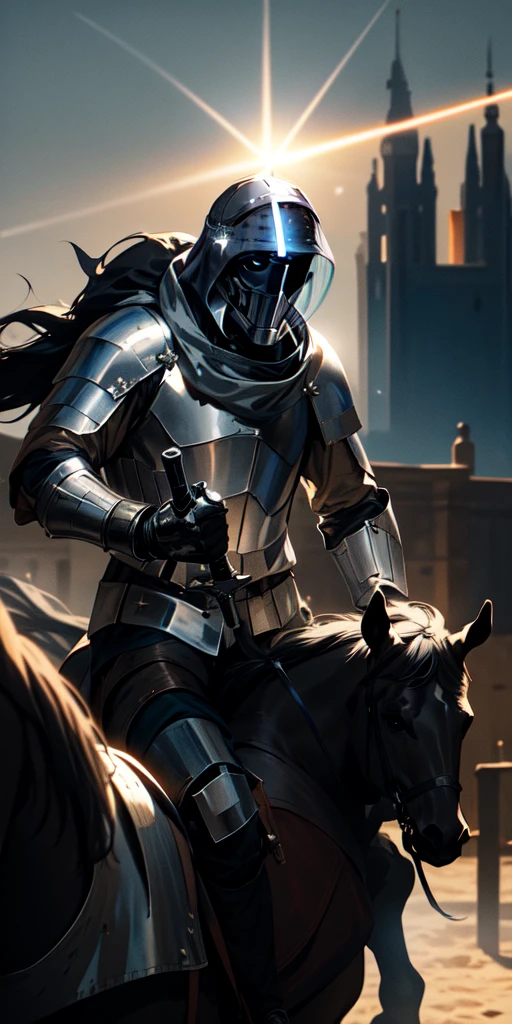 Medieval knight wearing an astronaut helmet, holding a lightsaber in his right hand, riding a black horse in the middle of the city on a clear day. Sun shines in the background. Sparks in the knight. Burst of light in the horse&#39;s eyes.