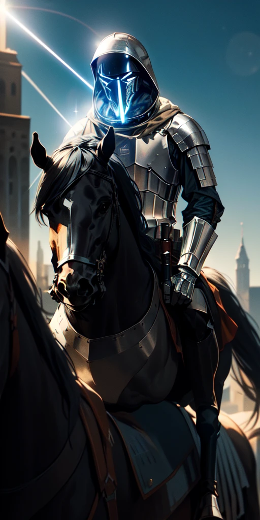 Medieval knight wearing an astronaut helmet, holding a lightsaber in his right hand, riding a black horse in the middle of the city on a clear day. Sun shines in the background. Sparks in the knight. Burst of light in the horse&#39;s eyes.
