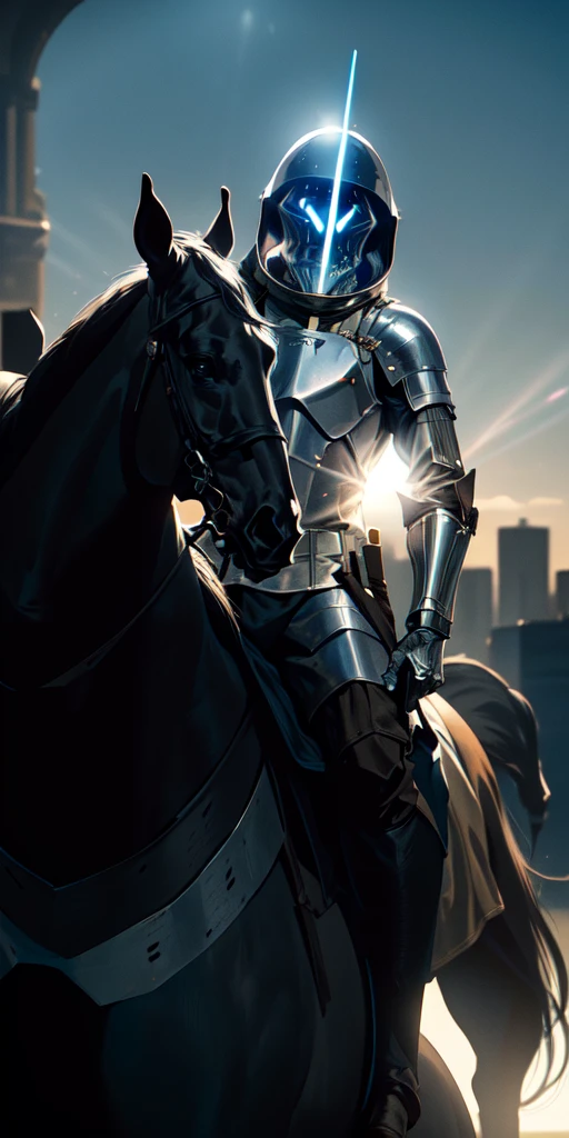 Medieval knight wearing an astronaut helmet, holding a lightsaber in his right hand, riding a black horse in the middle of the city on a clear day. Sun shines in the background. Sparks in the knight. Burst of light in the horse's eyes.