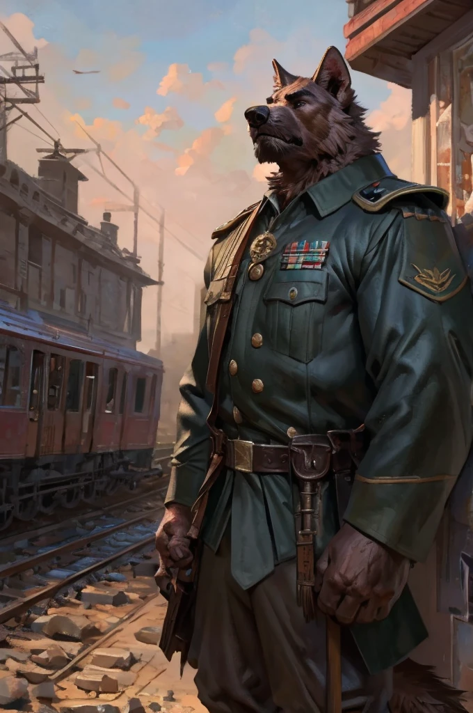 By Taran Fiddler, one man, anthro canine (irish wolfhound), brown fur, dilf, wrinkly face, sad and melancholic look, bushy eyebrows, wearing trench world war one uniform, hands to his hips, stern facial expression, grumpy, standing in front of a old train station leaning on the wall looking forward crestfallen, in midnight.