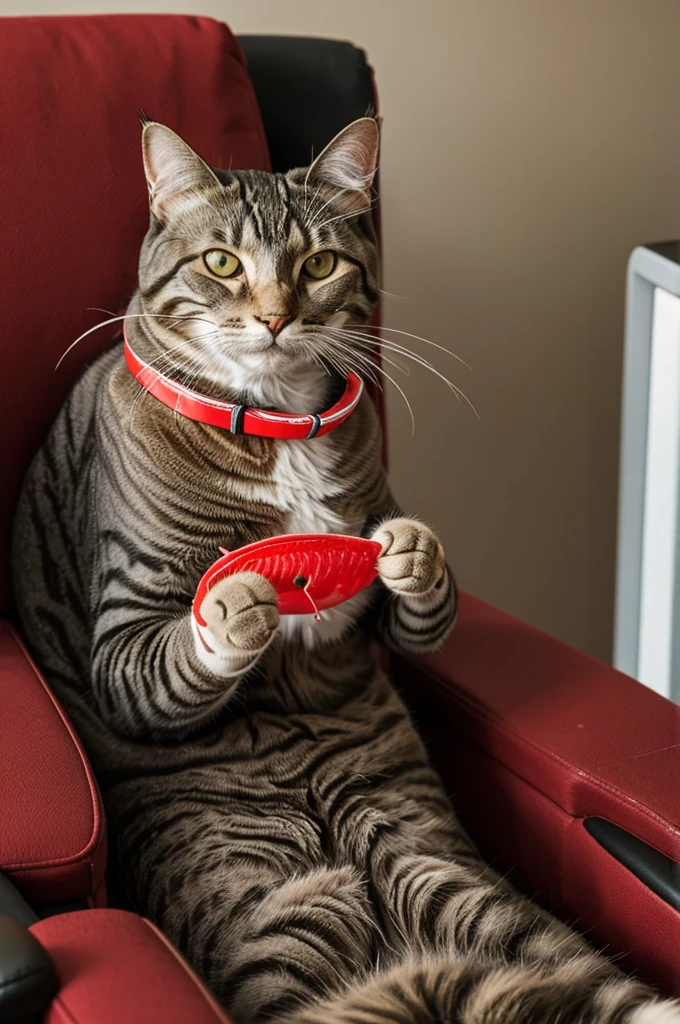 an old cat with a fishing hat eating some Swedish fish sitting on a recliner and watching tv