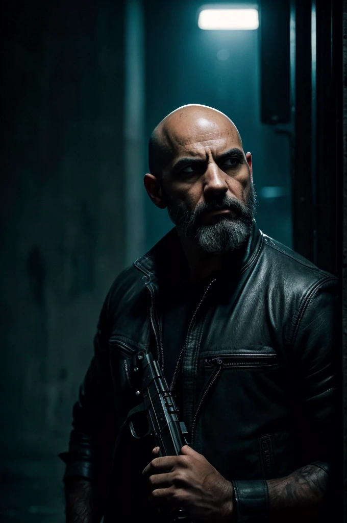 colbey:A bald man with a gun black scruffy beard:1.1) (intensely focused gaze, piercing eyes) (detailed facial features, defined nose and lips) (Threatening atmosphere) (dark shadows and dramatic lighting) (hight contrast:1.1) (gritty texture) (intense and suspenseful:1.1) (full of action) (dynamic composition) (cinematic vibe) (Shallow depth of field) (dramatic bokeh) (film noir style) (dark, moody color palette) (captivating and mysterious) (night setting) (Urban setting) (rain-soaked streets) (Tense and suspenseful atmosphere:1.1) (impacto emocional) (intense narrative) (provocative and thought-provoking) (impressive and impactful) (work of art:1.2), (high resolution:4K), (realisitic:1.37), (proffesional) (scene hiding on a wall waiting to attack a soldier) INFO