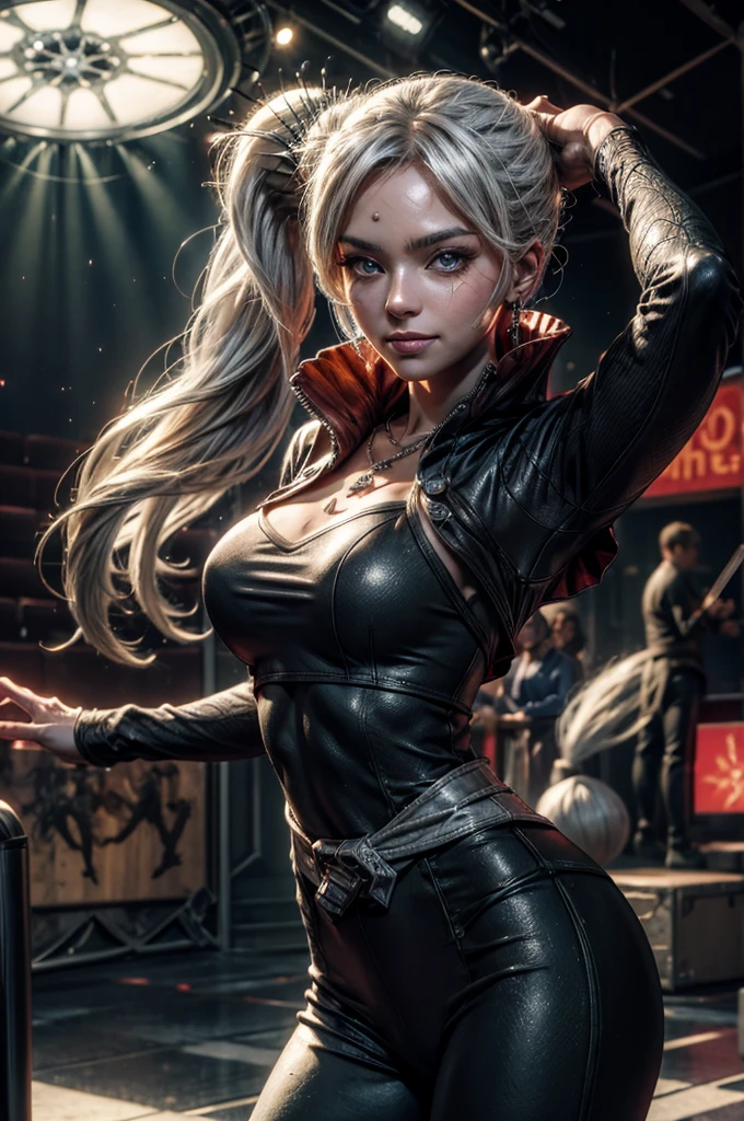 (masterpiece, best quality:1.2), cowboy shot, weissvale, smile, closed mouth, looking at viewer, long white hair, side ponytail, scar above eye, scar below eye, t-shirt, yoga pants, jewelry, necklace, earrings, future_urban, standing in theatre, on stage, orchestra, audience, crowd, (volumetric lighting), intricate details, tonemapping, sharp focus, hyper detailed