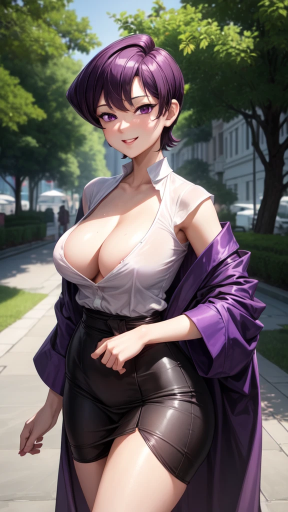 best quality, masterpiece, 1girl, (mature), (solo:1.1), raytracing, ultra detailed,detailed face, 8k wallpaper, wide hips, Komi Shuuko, 1girl, purple hair, purple eyes, large breasts, short hair, open clothes, black robe, white shirt, smile, outdoor, hands on hips