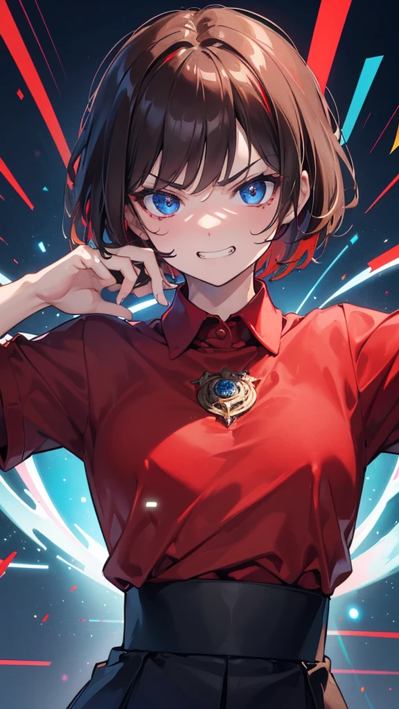 Best quality, Ultra detailed, best quality, insanely detailed, beautiful, masterpiece, 8k,
break
Colorful background, refraction Glowing white lines ,Crossing Light,light particles
break
1lady, brown hair, very short hair, blue eyes, ultra detailed eyes,dress shirts, stand collor shirts, (red shirts:1.5),( blackpants:1.1) ,flat chest,1rose on mouth
Break
(Waltz:1.5), upper body, (great joy;1.5), (evil grin:1.2), ,(scowl:1.1), (stare at viewer:1.5), ,(ecstasy:1.3) ,(vulgarity:1.3),(wet:0.8),(drooling:0.6),(sweat:0.8),