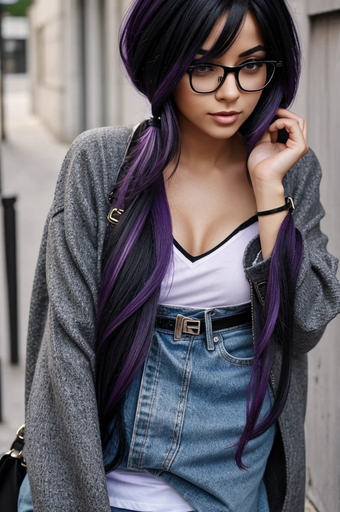 Create a woman with black hair with purple tips, that has black eyes, to wear glasses, that she is short and has wide hips and that she has a bite from her partner on her neck