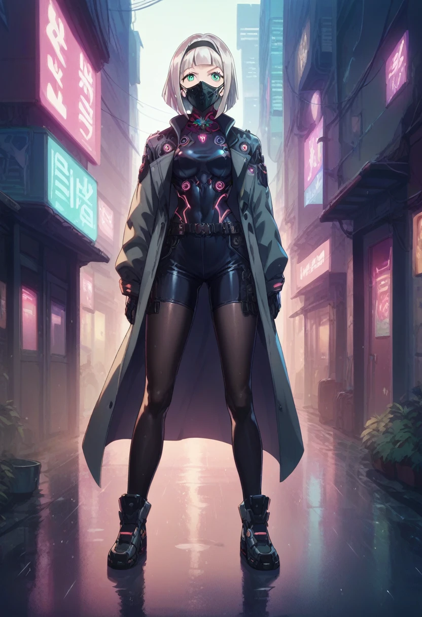 Anna Nishikinomiya in a face mask that covers half of her face with artificial teeth, with the same female body but with black Cyborg armor, from torso to feet, showing the whole body (slim), in a raining alley of a cyberpunk city 