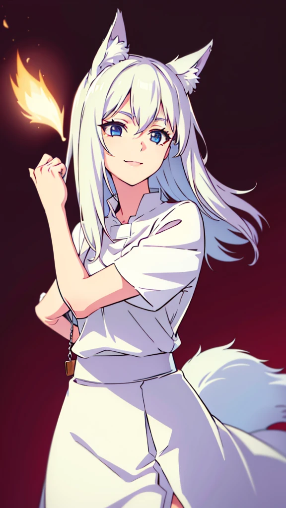 1girl ,solo,20s,mature female,white hair,long hair,fox ears,(simple background),white shirt,white skirt,smile, stretching