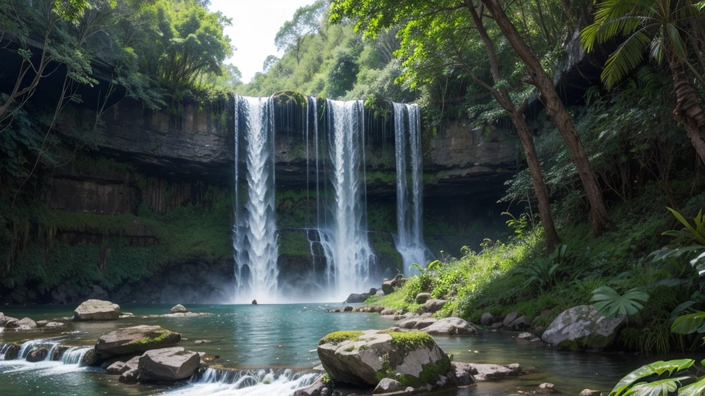 waterfall full of vegetation around, make it look like a tourist spot, very pretty