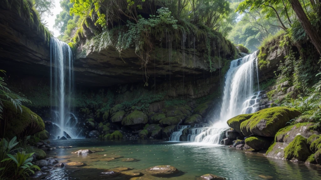 waterfall full of vegetation around, make it look like a tourist spot, very pretty