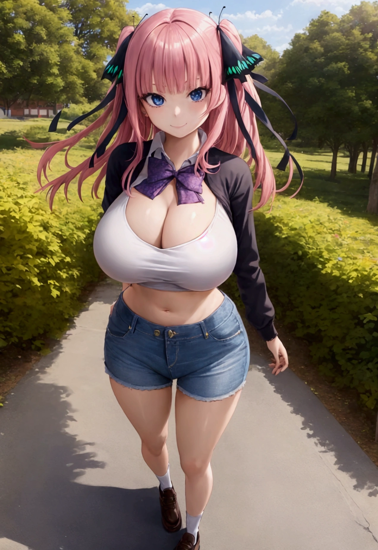 2d, masterpiece, best quality, anime, highly detailed, 1girl, solo, cowboy shot, nakano nino, pink hair, butterfly hair ornament, crop top , cleavage, Denim shorts , huge breasts, standing, school, outdoors, smile