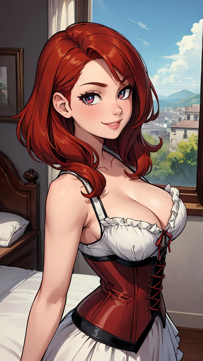 (masterpiece), best quality, expressive eyes, perfect face, red hair, corset, mischievous smile, cleavage, bedroom, frilly, little sister