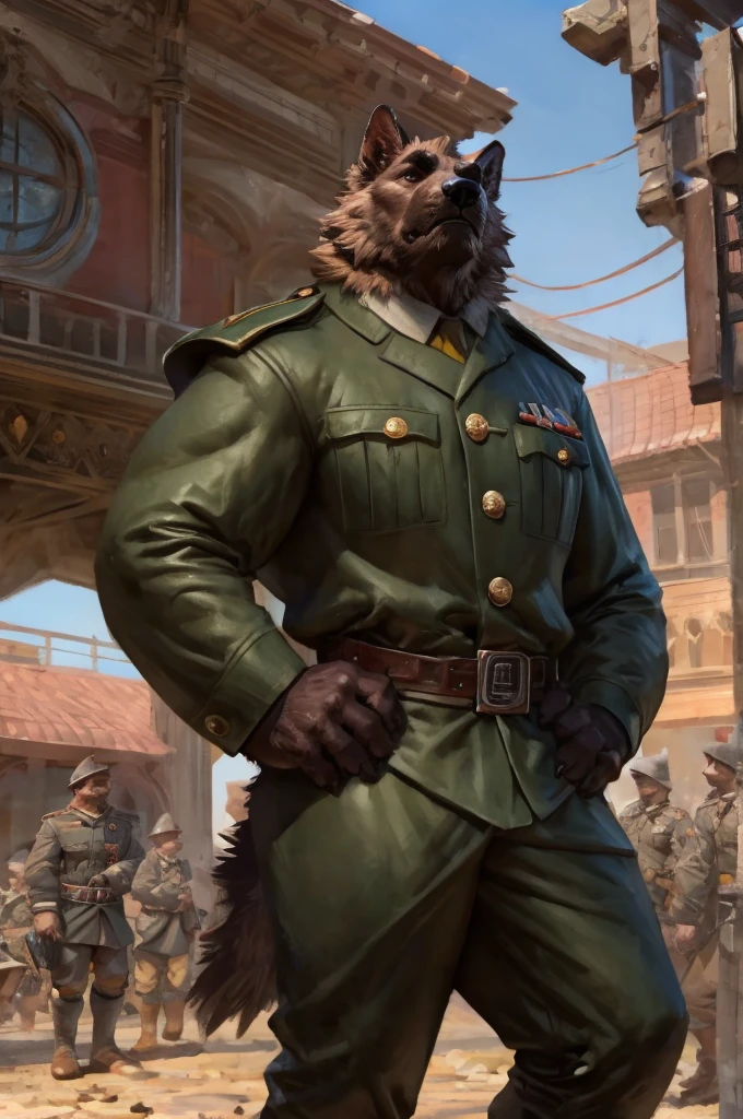 By Taran Fiddler, one man, anthro canine (irish wolfhound), brown fur, dilf, wrinkly face, sad and melancholic look, bushy eyebrows, wearing trench world war one uniform, hands to his hips, stern facial expression, grumpy, standing infront of a 1919 train station leaning on the wall looking forward crestfallen, in midnight