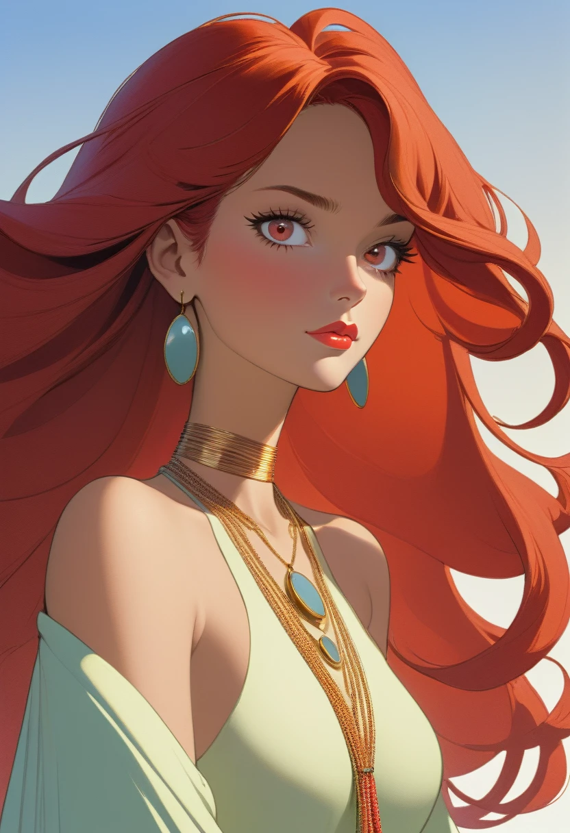 A fire girl with green eyes,long orange hair and peachy lips