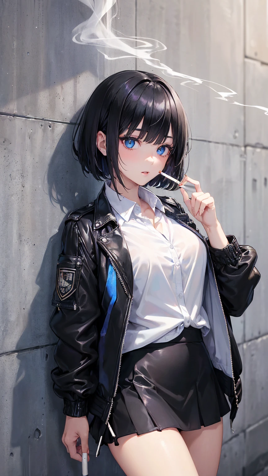 High resolution, Highest quality, super high quality, Ultra-detailed,(A woman holding a cigarette:1.3)、 Bobcut、Black Hair、Blue eyes、Leaning against a wall、(Black Riders Jacket:1.5)、(White inner shirt:1.5)、(Black Mini Skirt:1.3)、Beautiful Skin、Beautiful Face、Beautiful Eyes、It's cool、Just one cigarette、