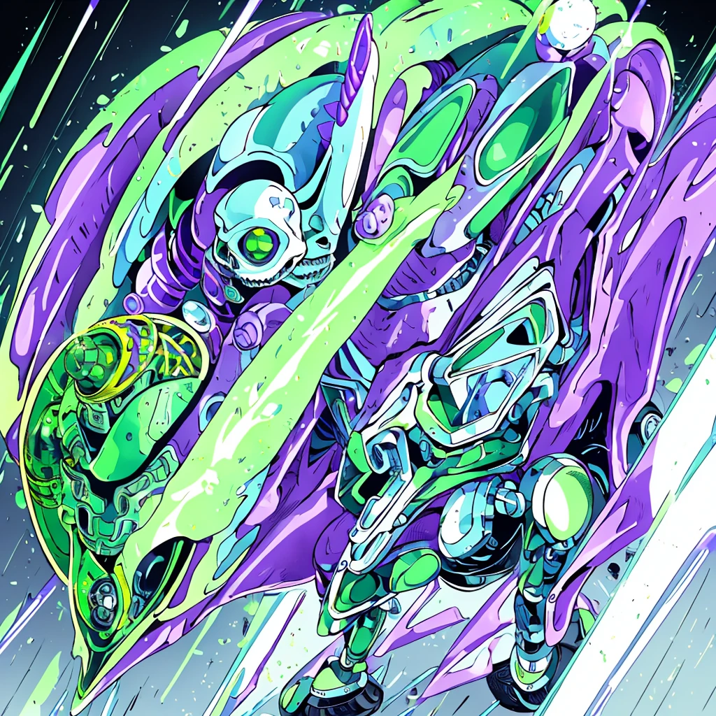 Create an entity. She has a mechanical appearance, with a metallic humanoid body in purple and green colors. Its head is shaped like a helmet, its jaw shaped like a skull, and a metallic horn on the top. Behind, there is a completely white background 