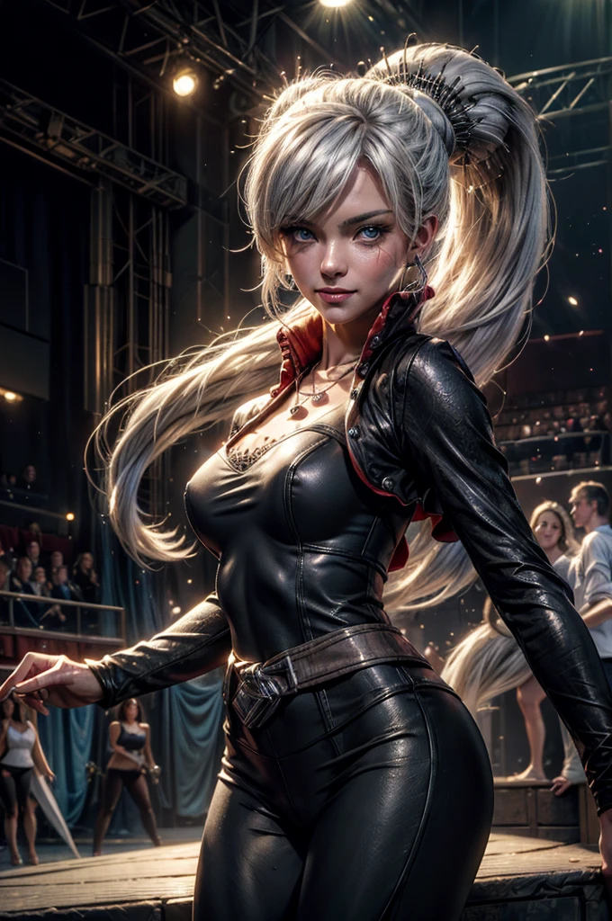 (masterpiece, best quality:1.2), cowboy shot, weissvale, smile, closed mouth, looking at viewer, long white hair, side ponytail, scar above eye, scar below eye, t-shirt, yoga pants, jewelry, necklace, earrings, future_urban, standing in theatre, on stage, orchestra, audience, crowd, (volumetric lighting), intricate details, tonemapping, sharp focus, hyper detailed