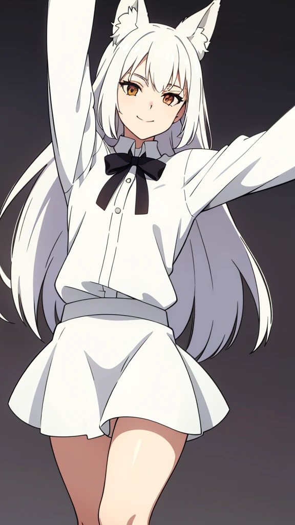 1girl ,solo,20s,mature female,white hair,long hair,fox ears,(simple background),white shirt,white skirt,smile, stretching