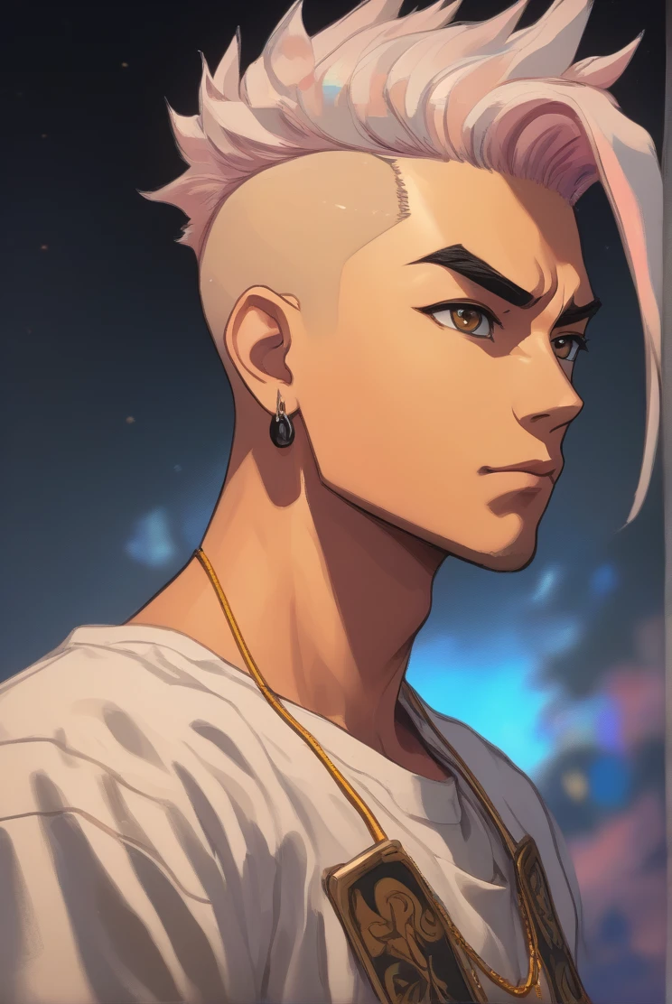 Anime-style 2.5D tom pasrel óleo portrait with a pastel oil painting effect Yasuo lol + poul Walker cinematic vibrant gold Black lighting, close-up on a character with detailed shaven head backdrops, piercingly detailed mel big eyes with bright pupils, portrayed in a dynamic pose, full-body with a sultry aesthetic, viewed from a dynamic profile angle gazing at the viewer, wearing detail Batam T-shirt with a rocker man personification, wearing