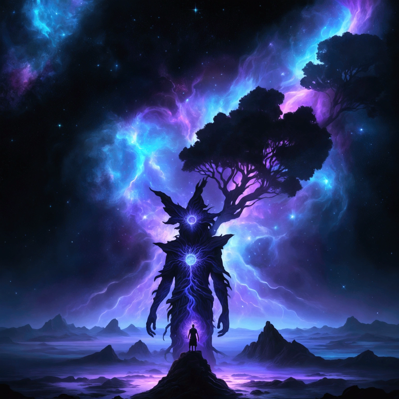 purple and blue digital painting of a tree with a man standing in front of it, cute celestial wizard, fractal trovão dan mumford, epic fantasy digital art style, epic fantasy science fiction illustration, elemental guardian of life, a shaman sustaining the universe, epic fantasy art style hd, galactic deity, epic fantasy art style, glowing black aura, fantasy art 8k