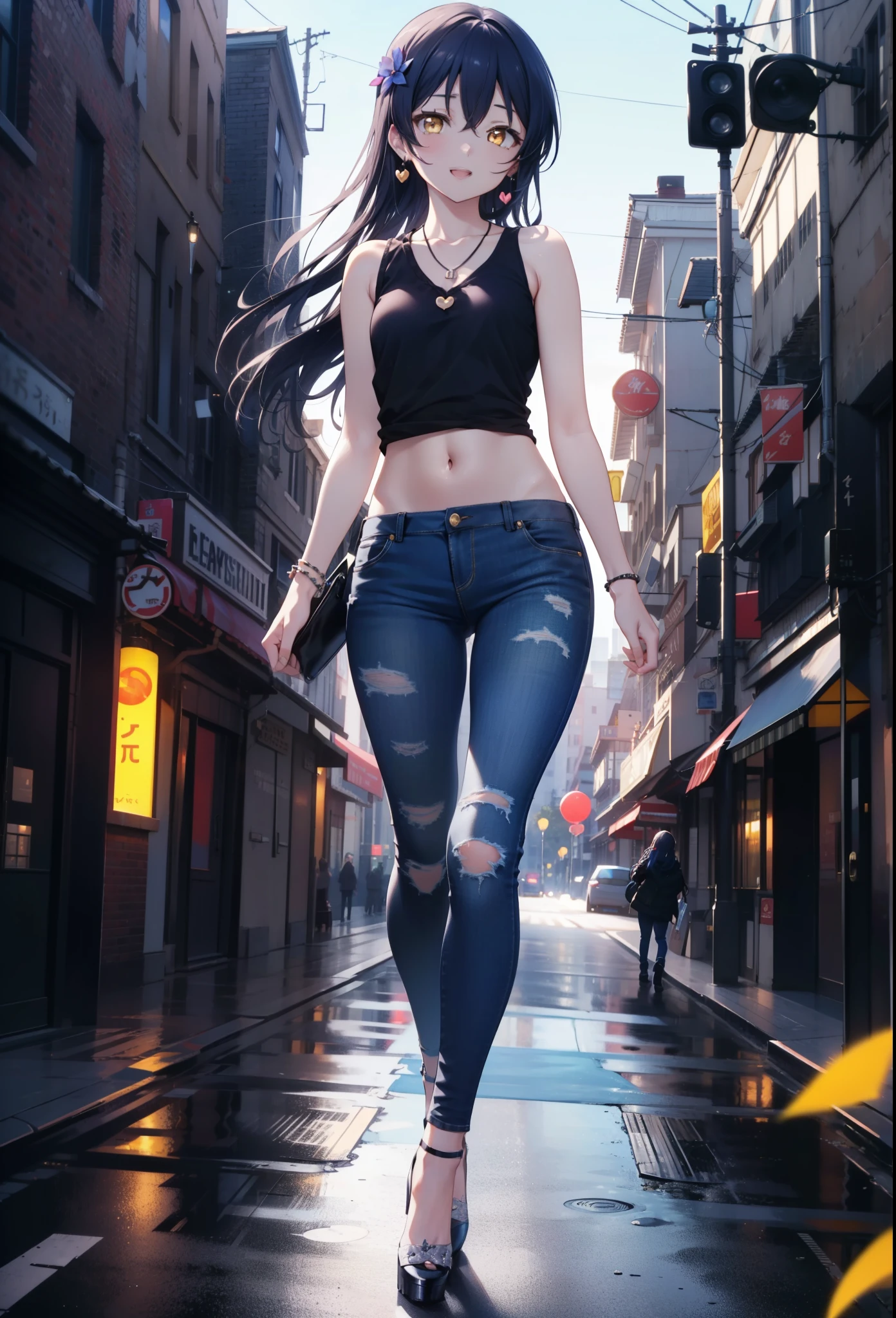 you like it, Umi Sonoda, Long Hair, Blue Hair, (Yellow Eyes:1.5) (Flat Chest:1.2),Blue Tank Top,Heart Necklace,Skinny jeans,Stiletto heels,happy smile, smile, Open your mouth,Walking,Daytime,Clear skies,whole bodyがイラストに入るように,
break outdoors, Building district, break looking at viewer,whole body,
break (masterpiece:1.2), Highest quality, High resolution, unity 8k wallpaper, (figure:0.8), (Beautiful attention to detail:1.6), Highly detailed face, Perfect lighting, Highly detailed CG, (Perfect hands, Perfect Anatomy),