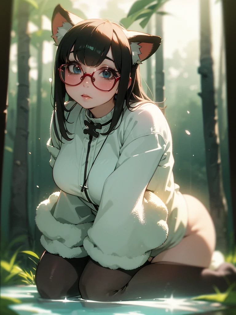 (Sumilux f1.4 75mm , low Latitude old color negative film , cross process , bokeh, flare, chromatic aberration , soft focus, (Shallow focus) , soft glow , Maximum aperture, High Key , Transparent depiction) , anime female raccoon dog , round butter face , Thick-rimmed glasses , in the foggy forest , (clothed erotica) , Kneeling , (looking up to the sky) , doggy style , A sloppy look , two Ripe Melons is hanging down , closeup face , dripping lotion from crotch
