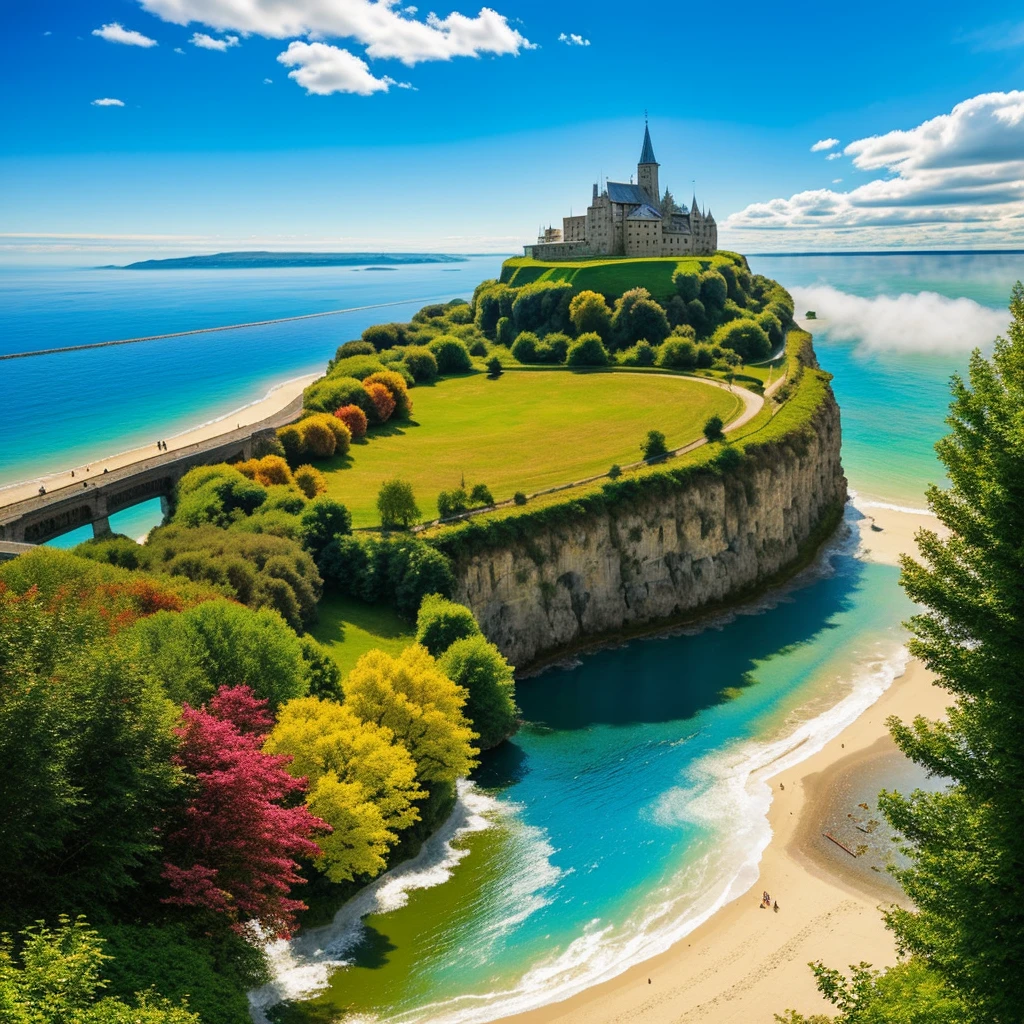 Chef-d'œuvre de peinture d'un monde fantastique avec un pont et un château viking, ville viking flottante dans le ciel, montagnes flottantes, terres flottantes dans les nuages. Art du monde conceptuel, urbanisme viking flottant dans les nuages, art de l'environnement conceptuel, art scénographique anime, art fantastique conceptuel. Art hautement détaillé et de qualité élevée, couleurs vives et lumière dramatique. Paysage épique viking, HDR, nuages sombre, ombre et lumière accentuées, rendu physiquement