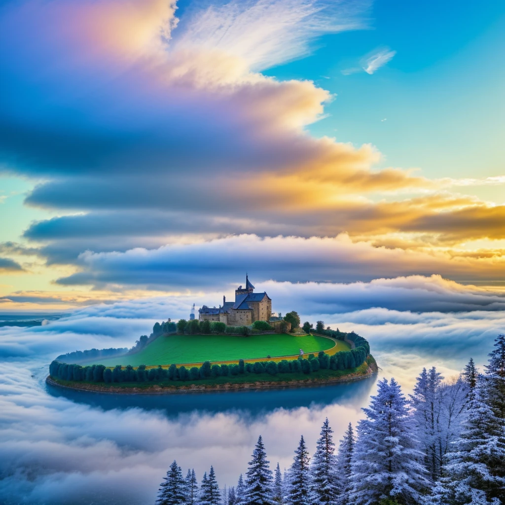 Chef-d'œuvre de peinture d'un monde fantastique avec un pont et un château viking, ville viking flottante dans le ciel, montagnes flottantes, terres flottantes dans les nuages. Art du monde conceptuel, urbanisme viking flottant dans les nuages, art de l'environnement conceptuel, art scénographique anime, art fantastique conceptuel. Art hautement détaillé et de qualité élevée, couleurs vives et lumière dramatique. Paysage épique viking, HDR, nuages sombre, ombre et lumière accentuées, rendu physiquement