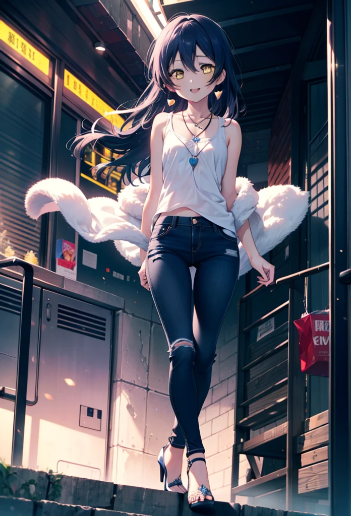 you like it, Umi Sonoda, Long Hair, Blue Hair, (Yellow Eyes:1.5) (Flat Chest:1.2),Blue Tank Top,Heart Necklace,Skinny jeans,Stiletto heels,happy smile, smile, Open your mouth,Walking,Daytime,Clear skies,whole bodyがイラストに入るように,
break outdoors, Building district,  　　　　　　　　　　　break looking at viewer,whole body,
break (masterpiece:1.2), Highest quality, High resolution, unity 8k wallpaper, (figure:0.8), (Beautiful attention to detail:1.6), Highly detailed face, Perfect lighting, Highly detailed CG, (Perfect hands, Perfect Anatomy),