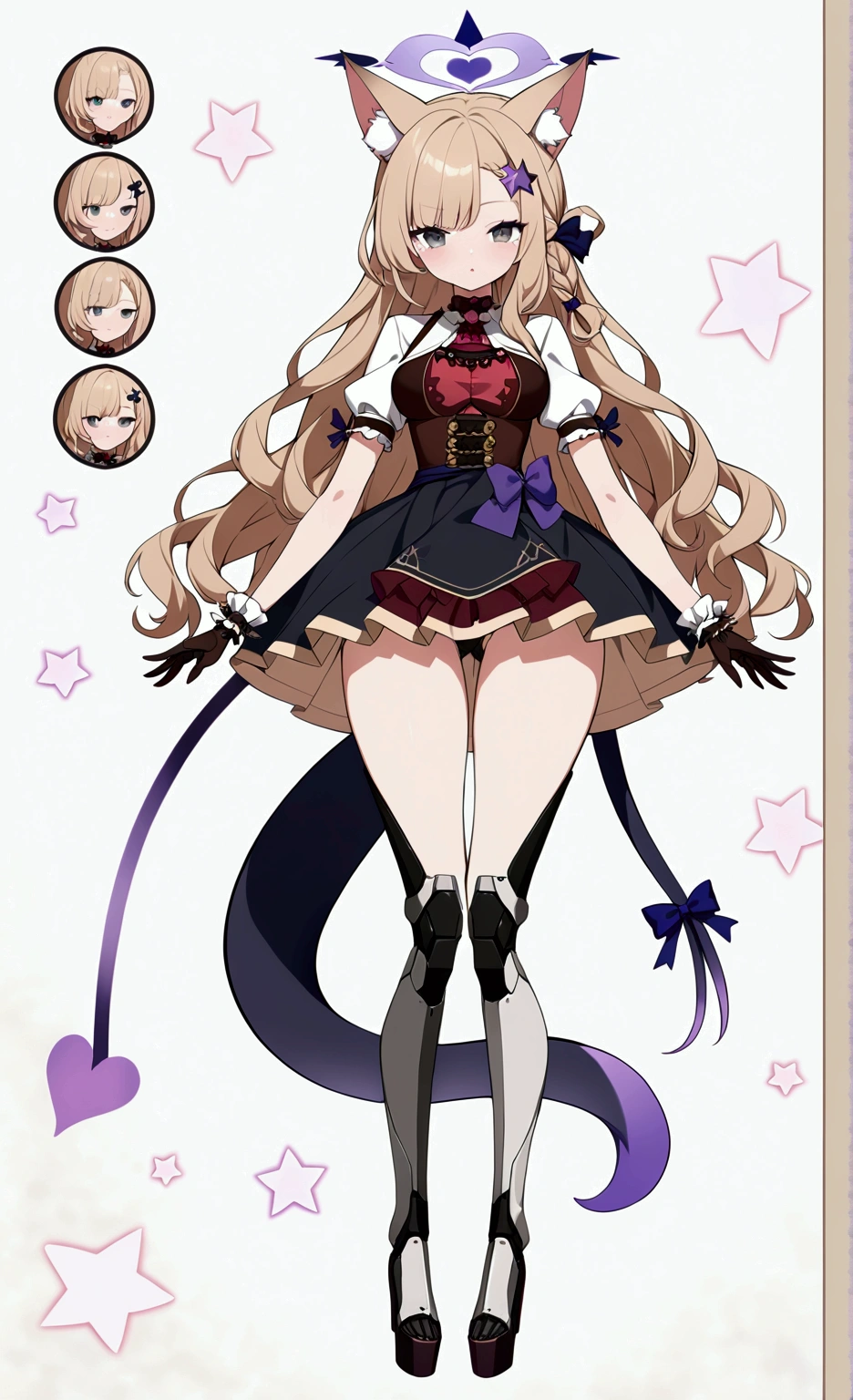 Women, big chest, wide hip, charming look, (dark blonde hair), ((hip length loose wavy hair, asymmetrical bangs, star hairpin in hair)), (a short braid on the left and right side of the hair above the breasts), ((Gray eyes with a pink 4-pointed star in the pupil)), (two black fox ears located on the top of the head), (black halo with luminous purple on the head), ((It has a small black succubus tail that ends in the shape of a Vinotinto heart)), (((It has complex mechanical legs that reach up to the thighs., The legs are dark gray with small burgundy and black details))), (elegant thigh-length one-piece dress, small Vinotinto bowtie on the neck of the dress, white bust with vertical black lines, ruffles in the middle of the bust, ruffled skirt, short sleeves with ruffles, ribbon decorations on the dress), elegant Vinotinto gloves with white ruffles, Black platform heels, (gray belt at the waist with a large ribbon with a luminous pink heart in the middle), black necklace with a heart pendant on the neck, (((character design sheet: front view))), ((whole body)), extremely detailed beautiful hair, beautiful detailed dress, extremely detailed arms, extremely detailed face, (Extremely detailed hands), perfect hands, small face, Beautiful detailed eyes, beautiful detailed lips, adorable, extremely detailed legs, (Best Quality, 8k, high resolution), ultra detailed, Exquisite and epic character art, ((White background)), (Focus on symmetry), (beautiful detailed succubus tail), (only one woman in the picture), (correct anatomy).
