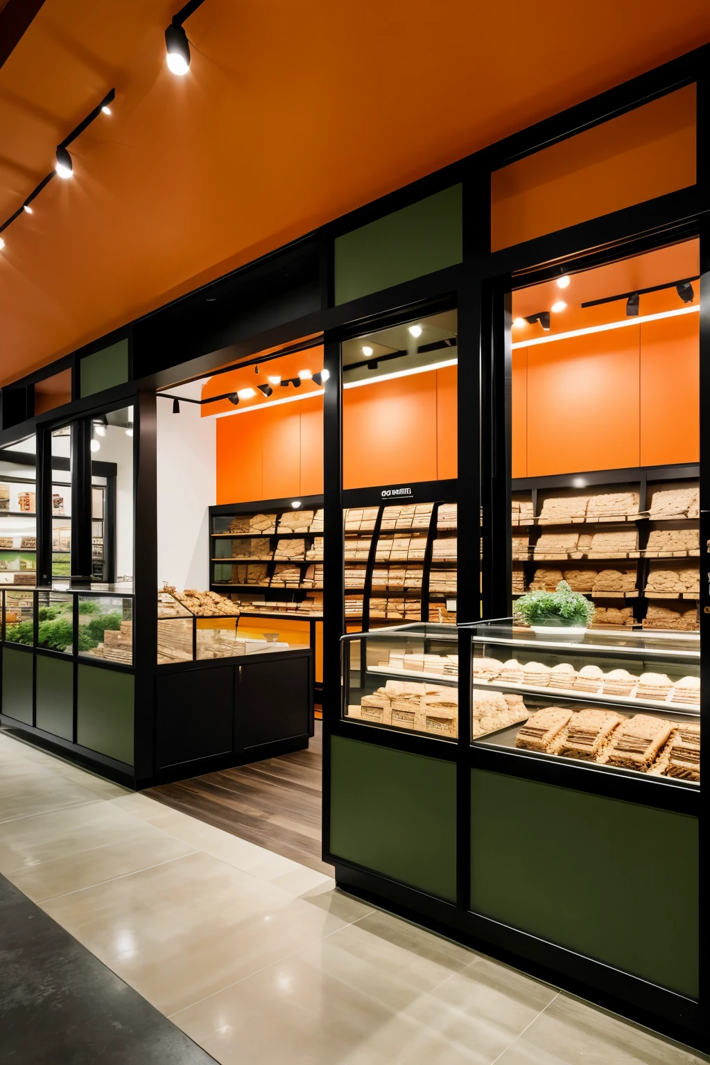 architecture design for a healthy cookie store modern and cozy design using natural and sustainable materials in black green and orange color