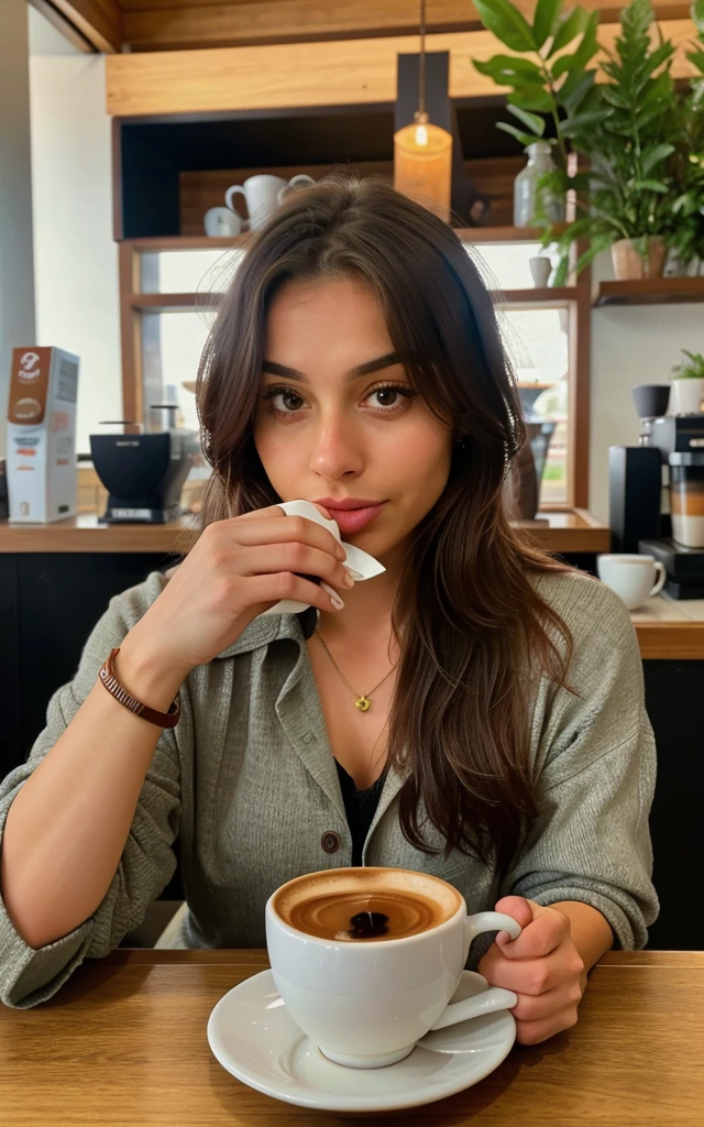 there is a cup of coffee with a leaf on it, latte art, cappuccino, very grainy, cup of coffee, coffee, coffee art, at a coffee shop, ☕ on the table, immaculately detailed, morning coffee, drinking a coffee, coffee cup, low quality grainy, 1614572159