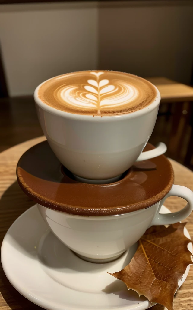 there is a cup of coffee with a leaf on it, latte art, cappuccino, very grainy, cup of coffee, coffee, coffee art, at a coffee shop, ☕ on the table, immaculately detailed, morning coffee, drinking a coffee, coffee cup, low quality grainy, 1614572159