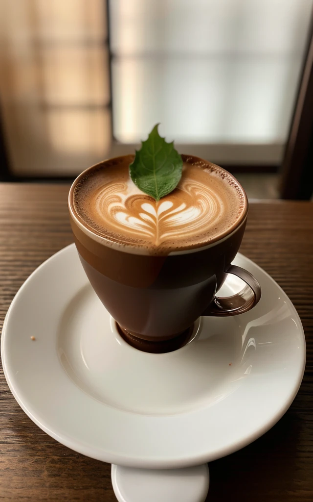 there is a cup of coffee with a leaf on it, latte art, cappuccino, very grainy, cup of coffee, coffee, coffee art, at a coffee shop, ☕ on the table, immaculately detailed, morning coffee, drinking a coffee, coffee cup, low quality grainy, 1614572159