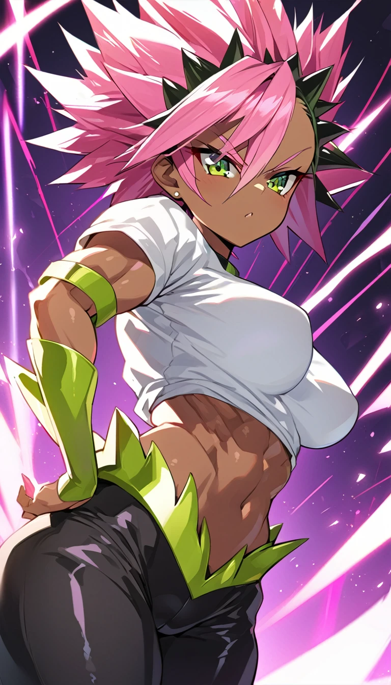 a girl, Saiyan, dark and strong super saiyan pink hair, super saiyan pink, spiky, green eyes, defined muscles, thin waist, wide hips, dark skin, medium breasts, tight clothes, white t-shirt, black pants, pink rays around , black rays all around