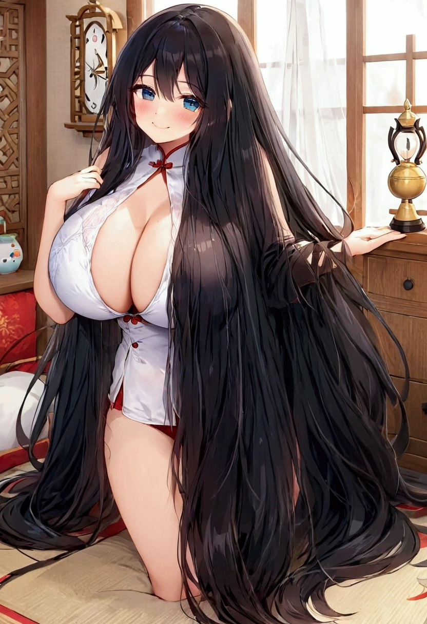 cute girl, super long hair, black hair, big hair, thick hair, big breasts, big butt, hourglass body, emphasis on hair, emphasis on eyes, emphasis on face, blush, smile, asian girl