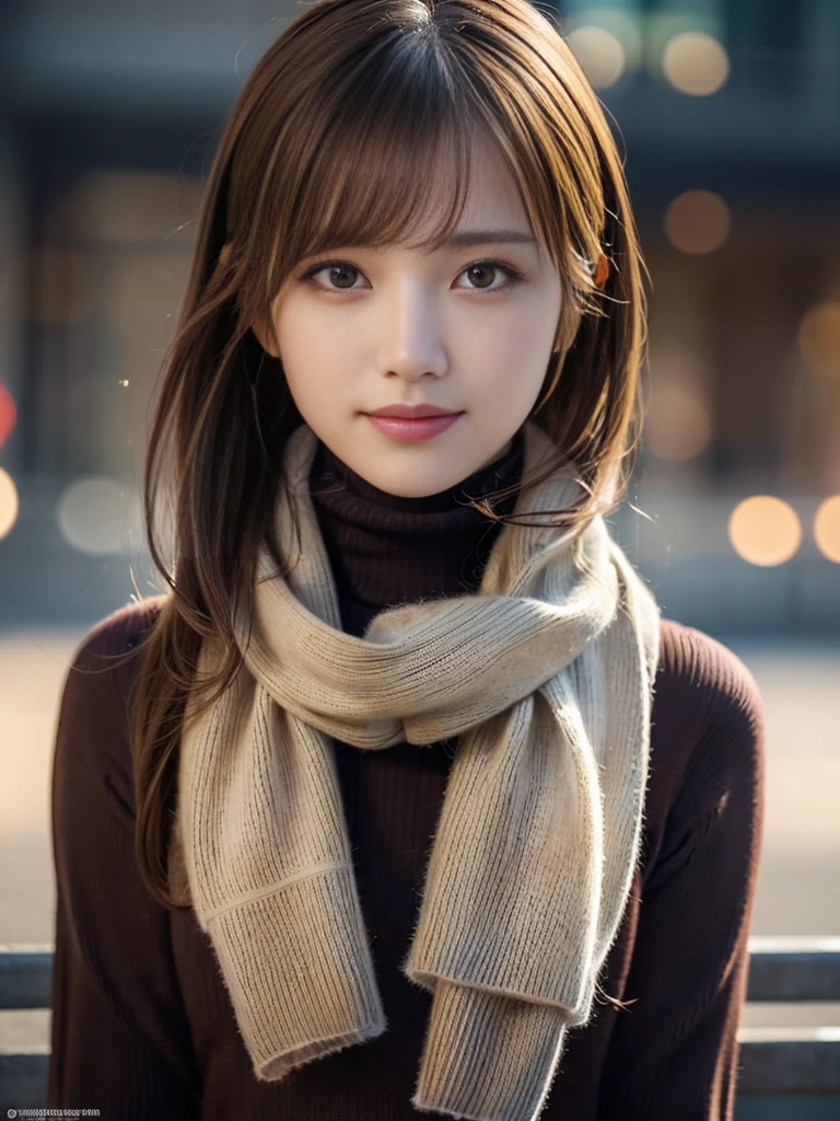 1 girl,(Scarf, turtleneck sweater:1.4),(RAW photo, highest quality), (realistic, Photoreal:1.4), table top, very delicate and beautiful, very detailed, 8k wallpaper, wonderful, finely, very detailedCGユニティ, High resolution, soft light, Beautiful detailed 19 year old girl, very detailed目と顔, beautifully detailed nose, beautiful and fine eyes,cinematic lighting,city light at night,perfect anatomy,slender body,smile (hair is dirty, asymmetrical bangs, light brown hair,)