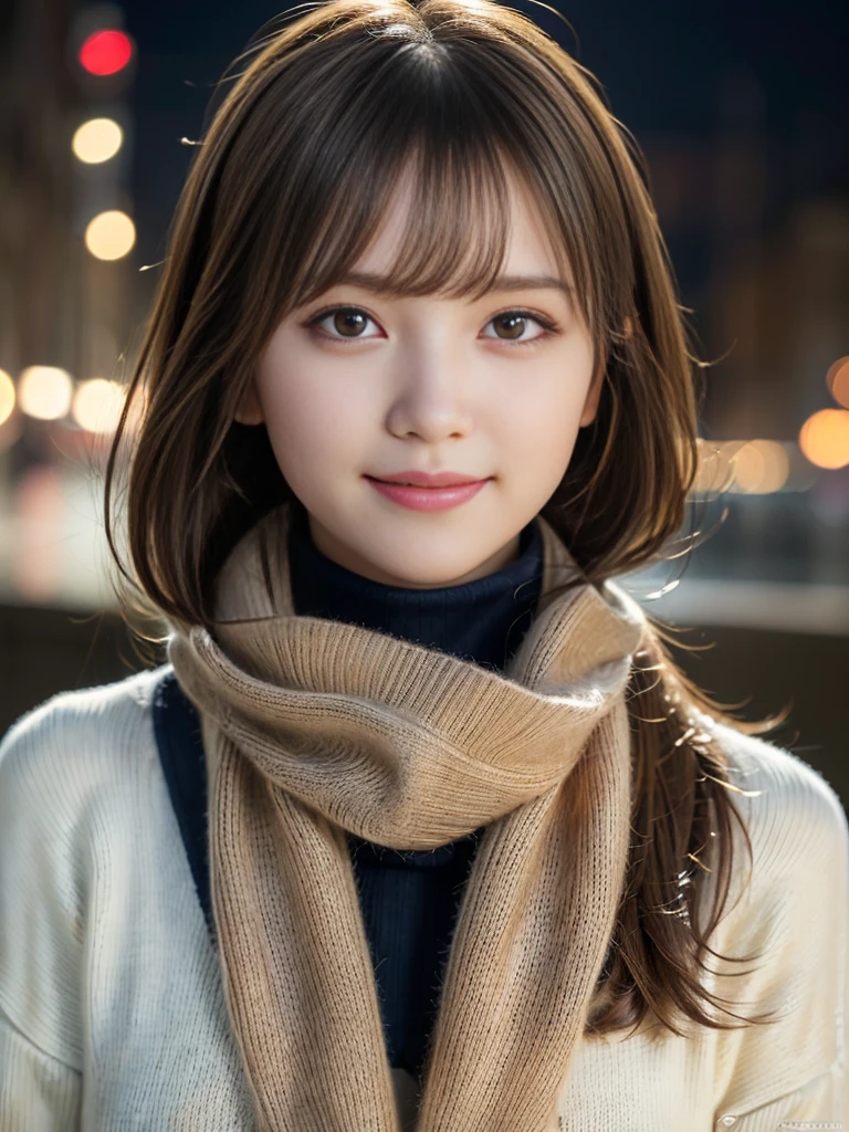 1 girl,(Scarf, turtleneck sweater:1.4),(RAW photo, highest quality), (realistic, Photoreal:1.4), table top, very delicate and beautiful, very detailed, 8k wallpaper, wonderful, finely, very detailedCGユニティ, High resolution, soft light, Beautiful detailed 19 year old girl, very detailed目と顔, beautifully detailed nose, beautiful and fine eyes,cinematic lighting,city light at night,perfect anatomy,slender body,smile  (hair is dirty, asymmetrical bangs, light brown hair,)