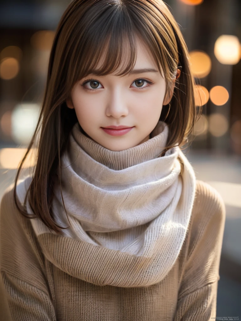 1 girl,(Scarf, turtleneck sweater:1.4),(RAW photo, highest quality), (realistic, Photoreal:1.4), table top, very delicate and beautiful, very detailed, 8k wallpaper, wonderful, finely, very detailedCGユニティ, High resolution, soft light, Beautiful detailed 19 year old girl, very detailed目と顔, beautifully detailed nose, beautiful and fine eyes,cinematic lighting,city light at night,perfect anatomy,slender body,smile (hair is dirty, asymmetrical bangs, light brown hair,)