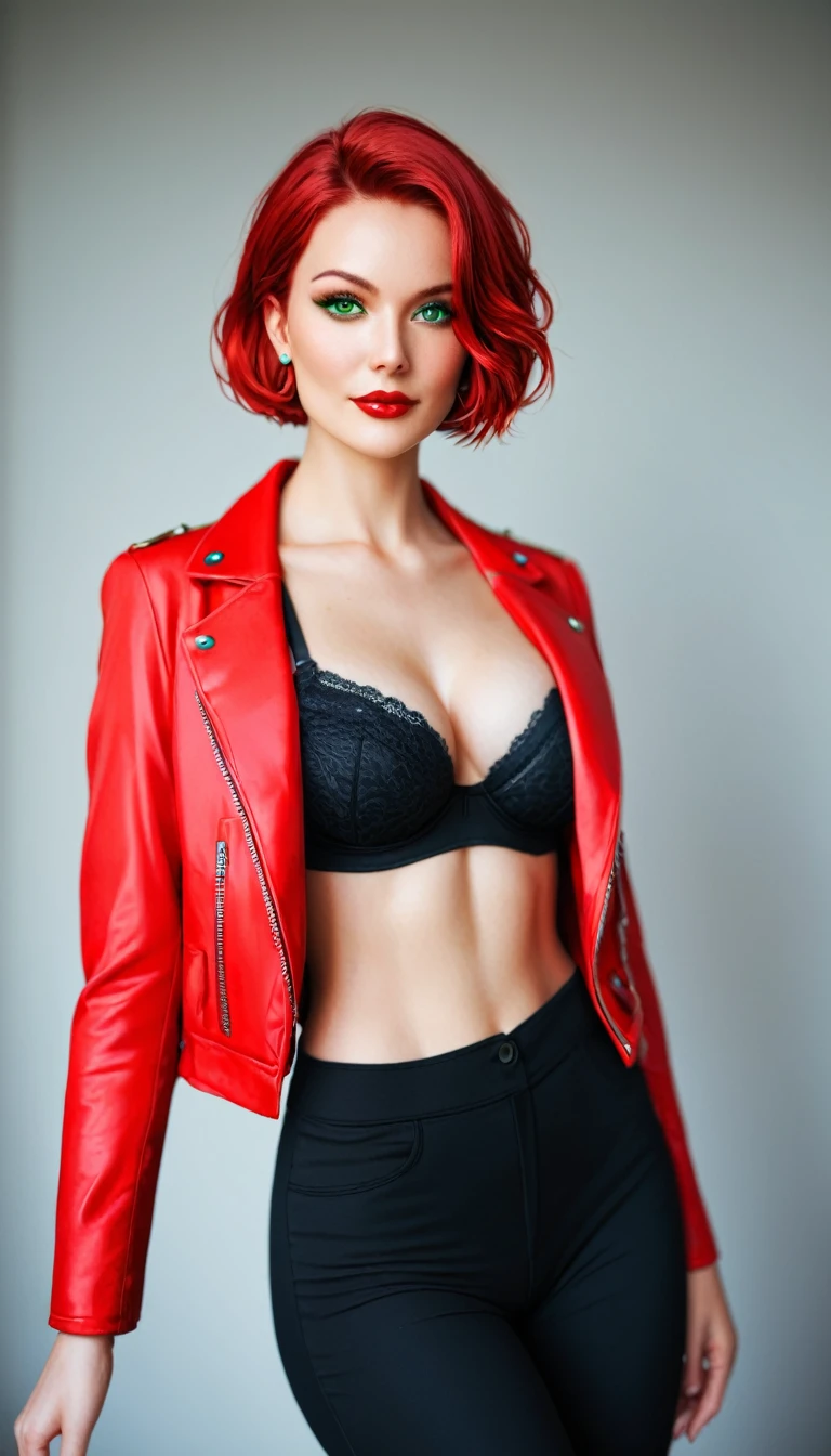 beautyfull red hair woman, short hair, encorped body, red jacket, black pants, black bra, red lipstick, green eyes